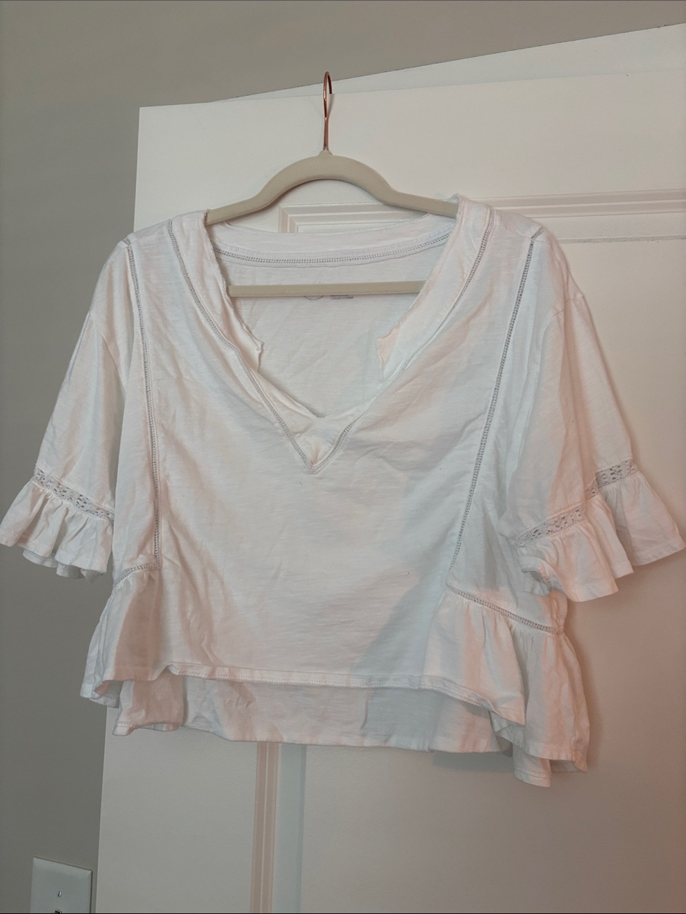 aerie White Ruffle Trim V-Neck Blouse